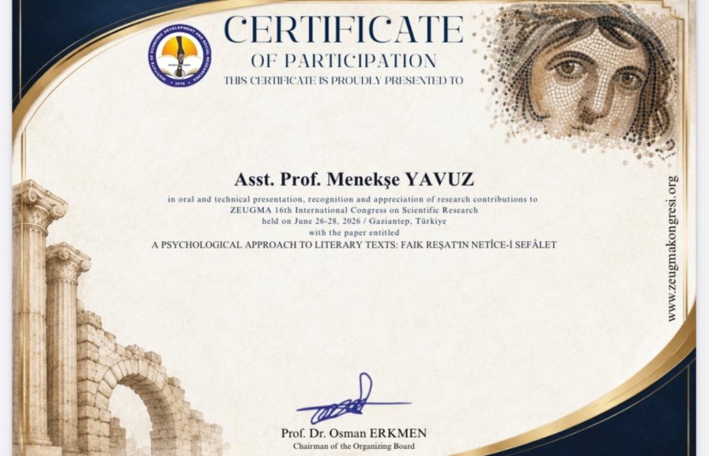 Dr. Öğr. Üyesi Menekşe Yavuz Hocamız ZEUGMA 16th International Congress on Scientific Research’te Bildiri Sundu